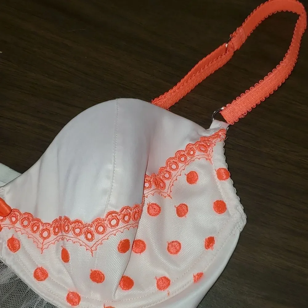 Victoria’s Secret Neon‎ Orange Pink Polka Dot Baby Doll Lingerie 34D Underwire